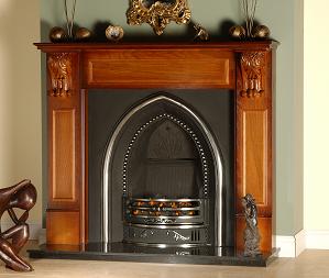 Cheltenham Surround in Vintage Oak
Golthic cast complete with Fire Back
Black granite Hearth
Gas