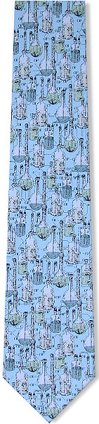 A pale blue tie featuring sketches of test-tubes and chemistry equipment