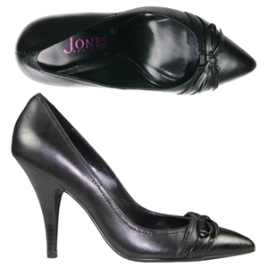 A modern high heeled Court shoe from Jones Bootmaker. Features decorative bow across the front, poin