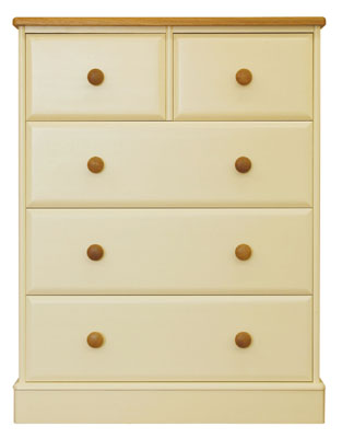 5 DRAWER DEEP DRAWER WIDE CHEST IN A DEVON CREAM PAINTED FINISH WITH SOLID OAK TOPS AND KNOBS. DOVET