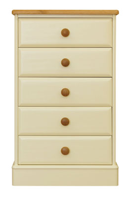 5 DRAWER MEDIUM CHEST IN A DEVON CREAM PAINTED FINISH WITH SOLID OAK TOPS AND KNOBS. DOVETAILED DRAW