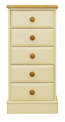 5 DRAWER NARROW CHEST IN A DEVON CREAM PAINTED FINISH WITH SOLID OAK TOPS AND KNOBS. DOVETAILED DRAW