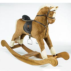 Rocking horse on a stylised ornate wooden bow rocker. Features soft padded saddle, reins and