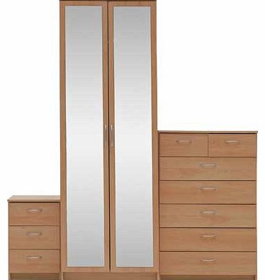With its versatile storage options the Cheval range suits all bedroom furniture needs. The Cheval three piece bedroom furniture package in a beech effect finish. includes a three drawer bedside chest. five drawer chest and a two door mirrored wardrob