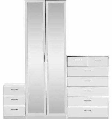 With its versatile storage options the Cheval range suits all bedroom furniture needs. The Cheval three piece bedroom furniture package in a white finish. includes a three drawer bedside chest. five drawer chest and a two door mirrored wardrobe. Part