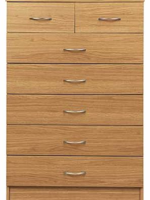 Part of the Cheval collection. this chest of drawers is finished in a warm oak effect with silver coloured handles. The seven drawer chest has two half width drawers at the top. ideal for separate underwear and sock drawers. The unit is made from FSC