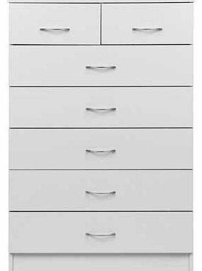 Part of the Cheval collection. this chest of drawers is finished in a soft white with silver coloured handles. The seven drawer chest has two half width drawers at the top. ideal for separate underwear and sock drawers. The unit is made from FSC cert