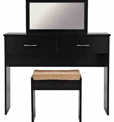 Part of the Cheval collection. this dressing table is finished in a bold black with silver coloured handles and comes complete with mirror and upholstered stool. The set is made from FSC certified wood with metal drawer runners. Part of the Cheval co