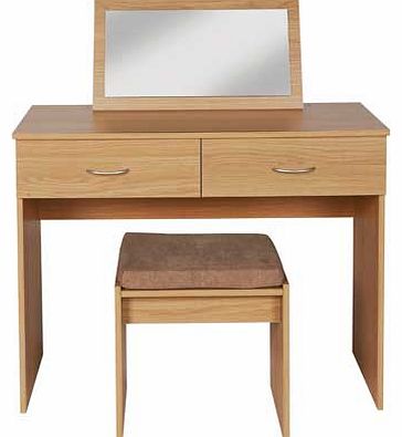 Part of the Cheval collection. this dressing table is finished in a warm oak effect with silver coloured handles and comes complete with mirror and upholstered stool. The set is made from FSC certified wood with metal drawer runners. Part of the Chev