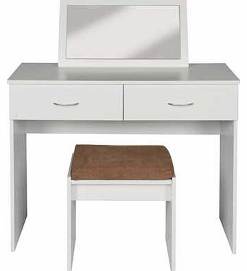 Part of the Cheval collection. this dressing table is finished in a soft white with silver coloured handles and comes complete with mirror and upholstered stool. The set is made from FSC certified wood with metal drawer runners. Part of the Cheval co