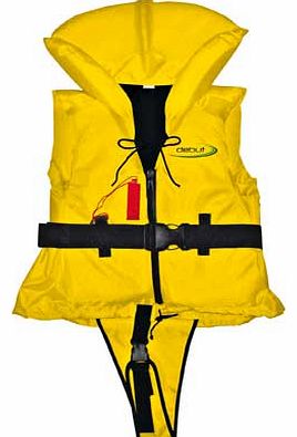 Buoyancy jacket with floatation chambers. Secure fitting with front zip with pull tie cord. waist belt with buckle fastening and crotch strap with buckle fastening. Maximum user weight of 20 to 30kg. Chest measurement 60 to 70cm. Whistle on a string 