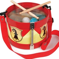 A child version of a traditional marching band metal drum with adjustable neck strap. Comes with woo