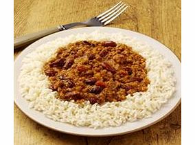 Minced beef simmered in a tomato, red kidney bean and chilli sauce. Served with fluffy white rice.