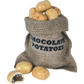 A miniature hessian bag full of French-made chocolates with remarkable resemblance to undersized