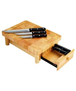 Butchers block/Chopping board and 5 knives included. Includes, Chef knife. Carving knife. Paring kni
