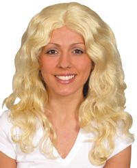 Get a glamourous blonde pop star look with this long wavy wig. It works well for a celebrity party.