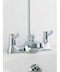 Includes bath/shower mixer with showerhead, hose and wall bracket. 8cm/3in lever handles with