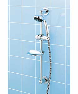 Complete with shower head, adjustable chrome rail,