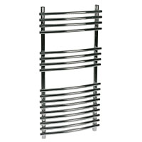 Modernistic design, curved, chrome projection towel radiator. Includes brackets