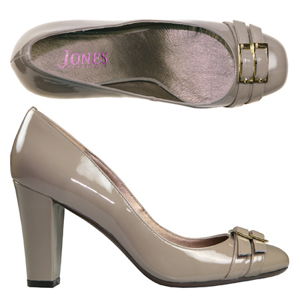 A stylish Patent Court shoe from Jones Bootmaker. Features decorative straps with buckles across the