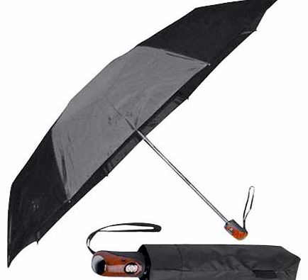 Quality. compact. 3 section. auto opening and auto closing umbrella. Smart wood effect handle Large 1 metre wide black canopy. Matching black protective sleeve. Composition: 100% polyester. One size. Keep away from fire. EAN: 5060139282055. (Barcode 