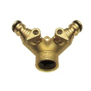 A tap connector for in screw taps  providing an outlet for two hoses with separate valves. Inter-con