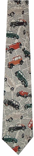 Car tie featuring classic old cars on a newsprint background