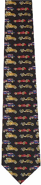A matt black tie featuring cars from various eras