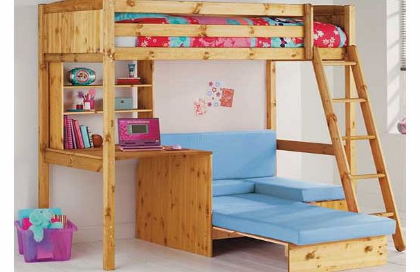 Super space saving this Classic pine high sleeper. complete with comfy Bibby mattress. is a practical and stylish addition to any bedroom. Featuring a super cool blue sofa and traditional yet trendy design. this bunk bed adds an exciting twist to you