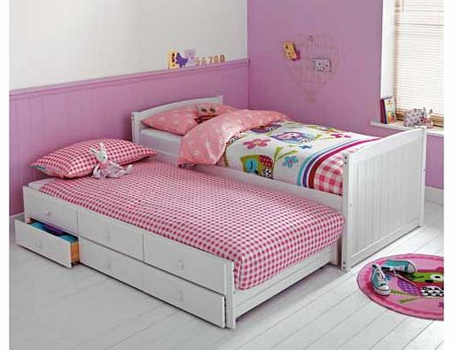 This Classic White Cabin and Trundle Bed with Bibby Mattress makes having sleepovers easy. with a pull out bed underneath your childs cabin bed. This cabin bed comes with 2 Bibby open coil medium feel mattresses included. Cabin bed: Bed size W97. L19