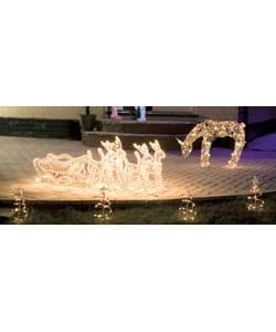 Static 4 mesh deer with 3D sleigh 25m mini rope light on metal frame.230V.3m lead from plug.BS