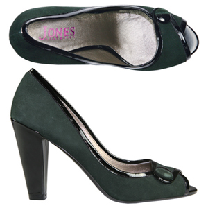 A stylish suede court shoe from Jones Bootmaker. Features peep-toe, fashionable Patent edging and a 
