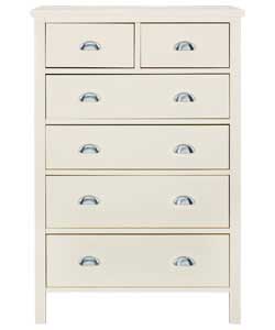 Pine frame and drawer fronts with pine veneer sides and top.Ivory finish with brushed stainless