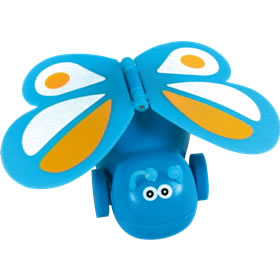 Cheeky butterfly that runs forward rapidly on wheels  with wings flapping. Assorted colours. 5cm