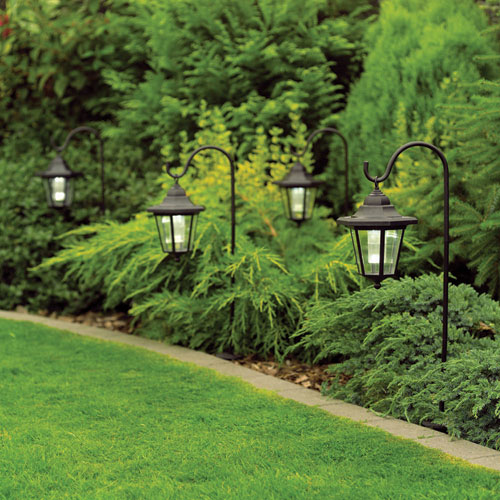 Traditional style solar powered rechargeable hanging lanterns with Shepherds crooks...  Comes in pac