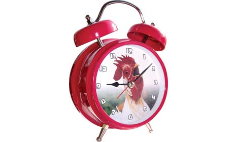 A modern twist on the traditionally styled metal alarm clock. Rather than the expected bell  the