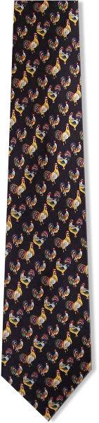 A lovely colourful cocks and hens design tie on a black silk background