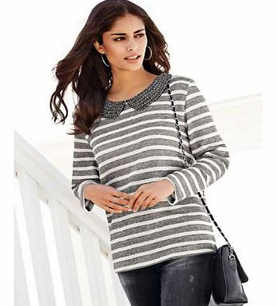 Your favourite sweatshirt updated with a stripe. Fancy beaded collar gives this style a fashionable edge. Also featuring back keyhole and button fastening detail. Sweatshirt Features: Washable 80% Cotton, 20% Polyester Length approx. 64 cm (25 ins)