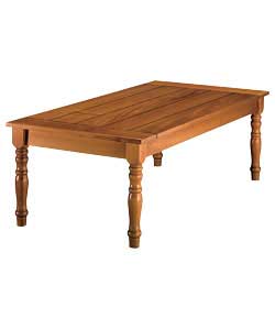 Antique pine effect coffee table with inlay design and solid wood turned legs.Size (L)122, (W)60,
