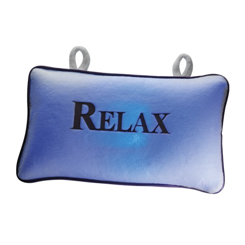 Relax as you soak with a soft-to-touch inflatable white pillow with lilac trims and embroidery. A bu