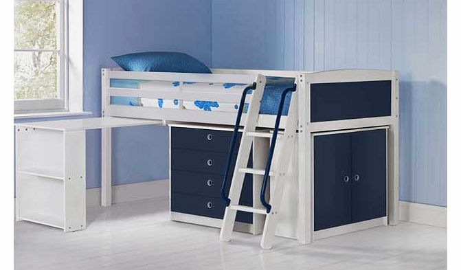 Blue and White Mid Sleeper combines space-saving. storage solutions and comfort to provide a perfect piece of furniture for a young persons bedroom. A generous amount of storage space is afforded through cupboards. chests and a desk unit. Solid and a