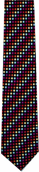 A colourful silk tie with lots of solid coloured spots in diagonal stripes on a black background