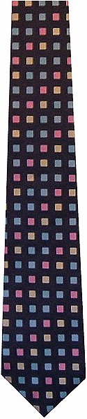A very nice woven silk tie with multicoloured squares on a dark navy background