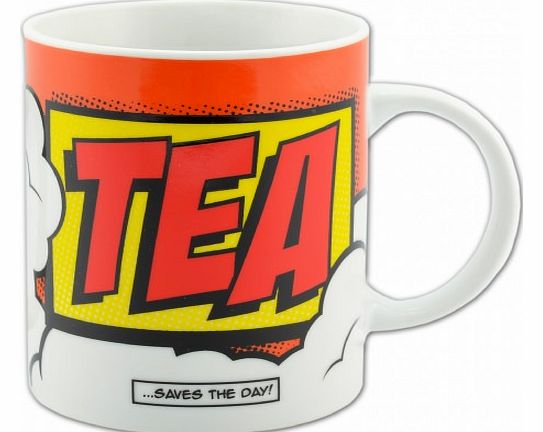 Comic Book Tea Mug The Comic Book Tea Mug has TEA...SAVES THE DAY! on the front and back. With a cool comic book theme, it is perfect for work or home! The novelty mug measures around 10.5 cm x 7.8 cm x 9.3 cm and is dishwasher and microwave safe. It