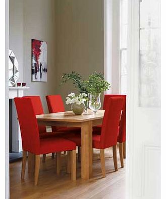 Give your home a stylish edge with this dining table and chairs from the Constable collection. This wood veneer table is extendable by 40cm. and the 4 chairs are upholstered in red fabric. This Constable dining set is perfect for a modern dining room