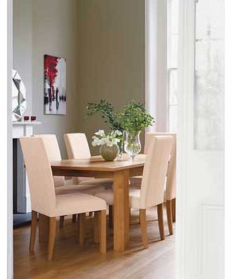 Enjoy dining in style with this Constable Dining Table and 4 Stone Fabric Chairs. This attractive wood veneer table comes with an integral table extension which is 40cm long. so you can fit even more people around your table. This dining set is perfe