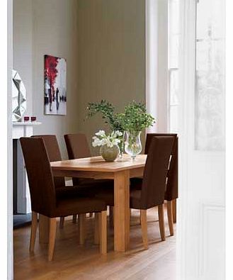 Give your dining room a modern edge with this dining table and chairs from the Constable collection. This table comes with an integral extension that adds 40cm to the length. and 6 chairs that are upholstered in chocolate leather effect. This Constab