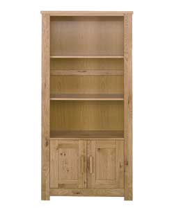 Solid wooded frame with oak veneer panels.Bookcase consists of 2 doors and 2 fixed shelves.Doors and