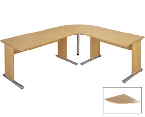90 degree corner unit attaches to two desks to form a L shape desk combination. Steel support leg