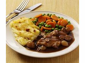 Chicken breast in a classically French red wine, mushroom, bacon and onion sauce. Served with carrots, peas and potato gratin.